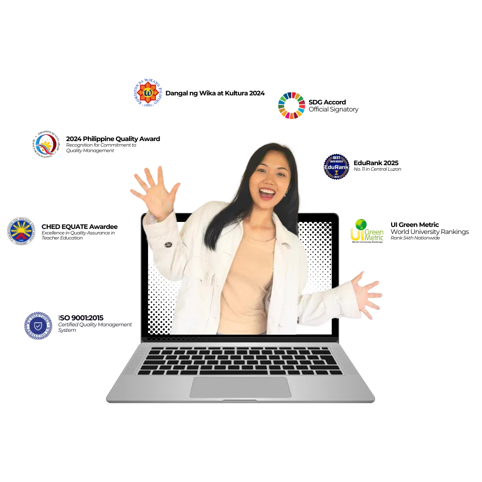 Smiling ASCOT student waving from a laptop screen, surrounded by the college's awards and recognitions